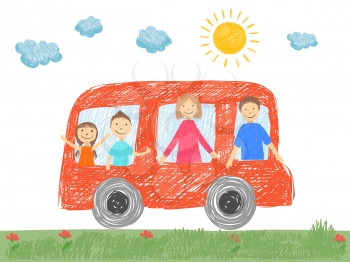 Family in car. Father mother parents kids going to vacation in car on road happy family transport vector doodle picture. Illustration family car sketch colored