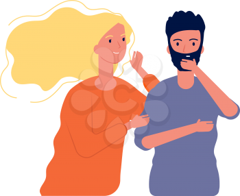 Gossiping male female. Woman speaking with man to ear some secrets whispering vector characters. Illustration female and male, people gossip communication