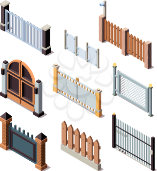 Construction fences. Garden door gate metals or wooden panels railing fences vector isometric. Illustration barrier and border for protection fence