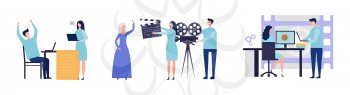 Movie production concept. Flat male female characters making film. Script, filming, post-production vector illustration. Movie and film, production cinema and making
