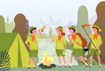 Camping scouts. Campfire in forest and happy kids in uniform sitting outdoor vector adventure flat concept. Campfire camp, travel activity in childhood illustration