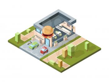 Pizzeria exterior. Modern urban fast food restaurant city isometric map with buildings facades infrastructure vector. Cafe exterior, restaurant and pizzeria illustration