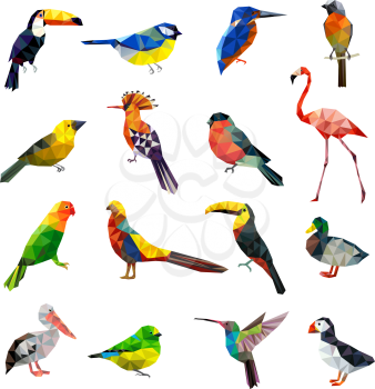 Polygonal birds. Geometrical stylized animals set flying colored birds low poly vector set. Geometric polygon origami, animal colorful illustration