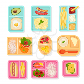 School food top view. Lunch boxes for children sort cases for products drinks snacks pizza fruits and vegetables vector pictures. Box lunch, snack and food in container illustration