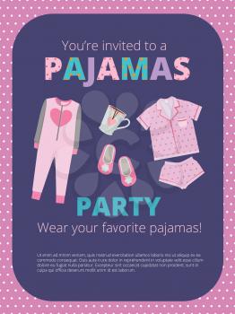 Pajama party poster. Invitation for night party kids and parents nightwear casual clothes great bed party vector. Illustration pajama party, night sleep headline in nightdress