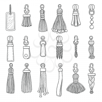 Leather accessories. Handbag fringes trinket vector fashioned items collection. Illustration pendant accessory, leather trinket, accessories for handbag