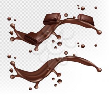 Chocolate splashes. Realistic coffee wave, brown drinks. Isolated cocoa flow and choco bars vector element. Brown cocoa and chocolate wave splash illustration