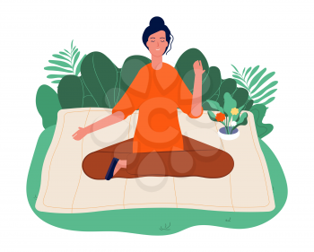 Meditation concept. Relaxing outdoor yoga, woman sitting on nature and meditating. Mind and emotions control, wellbeing and contemplation vector illustration. Meditation yoga pose, woman meditating