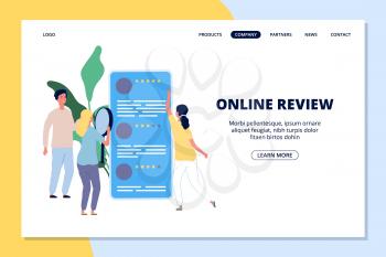 Online review landing page. People giving feedback, social network smartphone app for customers vector web banner. Online review, web customer rating and feedback illustration