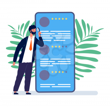 Reviews concept. Man watching online feedback. Mobile review, customer quality form vector illustration. Man and feedback smartphone