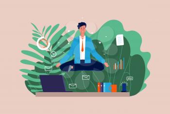 Work meditation. Stressful businessman, yoga character. Manager sitting on office table in lotus pose vector illustration. Lotus zen on workplace, business routine