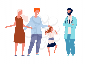 Angry girl and confused parents. Pediatry visit, doctor and naughty child isolated vector characters. Illustration family visit to clinic, woman and man with kid