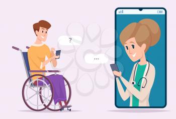 Disabled man with doctor. Online chat medical consulting web message vector cartoon characters. Illustration medical health, doctor chat with patient
