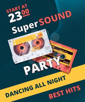 Retro party poster. Music night 90s dance time audio tape cassette vector placard design. Illustration super sound and party invitation poster