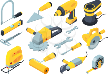 Constructions tools. Drill hammer paintbrush measuring builders equipment vector isometric. Illustration hammer and screwdriver, drill equipment