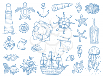 Nautical collection. Sailing boats hand drawn marine set fishes vessel vector set. Ship marine, sea vessel, collection elements lighthouse, anchor illustration