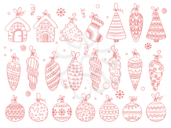 Winter toys. Christmas balls holiday decoration ornamental stars and snowflakes bubbles and bells vector hand drawn set. Christmas winter toys for decoration illustration
