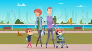 Family walk in city park. Happy parenthood, cute cartoon babies. Mother, father and sons vector character. City park recreation, family outdoor illustration