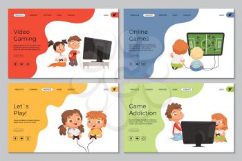 Gaming landing page. Kids with video games, addiction and playing. Cartoon children vector web banners template. Children friend with joystick play game illustration