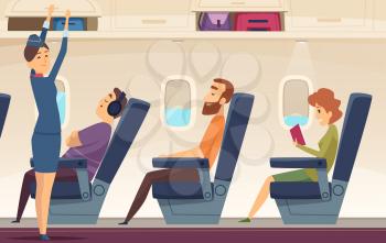 Passengers airplane. Stewardess avia service tourism aviation vector cartoon background. Stewardess and flight service airplane illustration