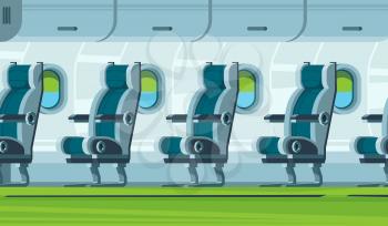 Airplane interior. Transportation cabin seats aircraft salon vector flat illustration. Plane interior for comfortable tourism, travel salon
