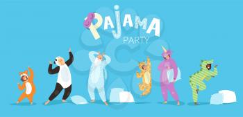 Pyjamas people. Funny characters kids female and male in cute night clothes colored costumes vector pyjamas textile. Illustration pajama party, costume funny, animal unicorn and panda