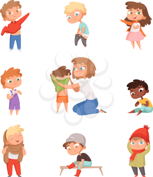 Dressing up kids. Children changing clothes dresses and pants with shoes vector pictures set. Child clothing, clothes collection for boy and girl illustration
