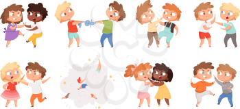 Boys fighting. School bully angry kids punishing in playground vector cartoon characters set. Illustration angry boy and girl, bullying problem, behavior aggression