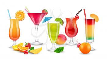 Fruits drinks. Seasonal summer realistic cocktails. Berries, fruit alcoholic and non alcoholic beverages. Isolated juices vector set. Cocktail juice liquid, freshness drink collection illustration
