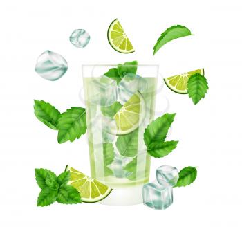 Mojito Cocktail. Summer drink with ice, lime and mint. Realistic glass seasonal cold cocktails. Isolated cafe or bar vector element. Mojito drink cocktail, alcohol with ice and fresh lime illustration