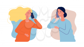 Phone talk. Women girlfriends have conversation. Call center help, girl need to talk. Mother and daughter cellphone dialog, parent care vector illustration. Mother daughter conversation, family speak