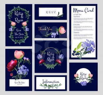 Wedding cards. Invitation, menu banners template with golden frames, flowers and plants. Save the date vector flyers. Illustration card plant, greenery natural poster invite