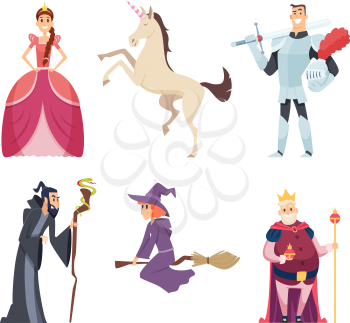 Fairy tale characters. Queen wizard fantasy mascot kingdom boys girls animals vector cartoon pictures. Princess and witch, fairy magic, knight and king illustration
