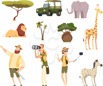 African safari. Wildlife animals travel car kenya jungle characters vector cartoon set. Jungle african, africa wildlife, safari mammal illustration