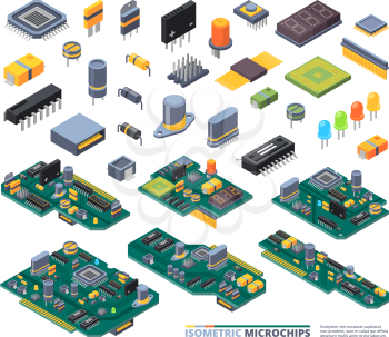 Electrical boards isometric. Hardware items computer power diodes semiconductors and small chip vector equipment set. Illustration hardware isometric electrical, electronic power technology