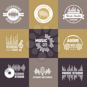 Musical logo. Audio studio badges sound waves shapes vector template set. Sound music studio logotype, template insignia illustration