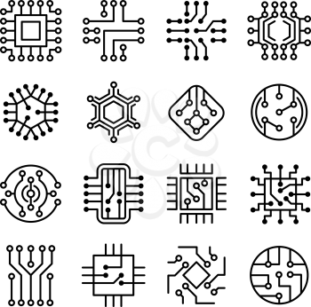 Chip computer. Engineering electronic micro scheme computer system board vector icon set. Processor engineering technology, system cpu outline illustration