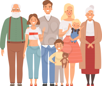 Happy family. Mother father kids and grandparents standing together vector big family portrait. Father and mother, family with children illustration