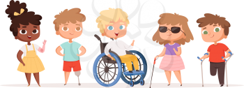 Disability kids. Children in wheelchair unhealthy people handicapped vector people. Disability child, kid handicap cartoon illustration