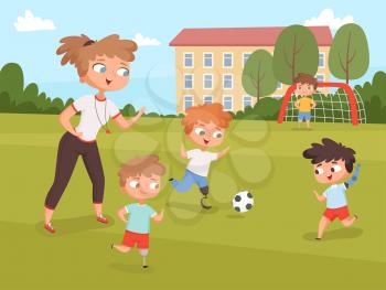 Disability kids. People playing and make sport exercises at lesson with teacher vector disability persons. Disabled boy play together, disability kids illustration