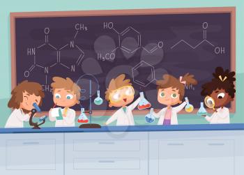 Chemistry lab. Science boy and girls teenager learning research processes vector characters cartoon background. Chemistry lab science, illustration scientist gir and boy