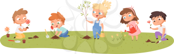 Children planting. Eco green protection kids gardening natural plants trees vector cartoon set. Illustration gardening, child volunteer growing
