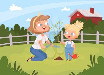 Adults help planting. Kids with parents planting tree eco environment background gardening education vector. Illustration of seedling and gardening, daughter and mom