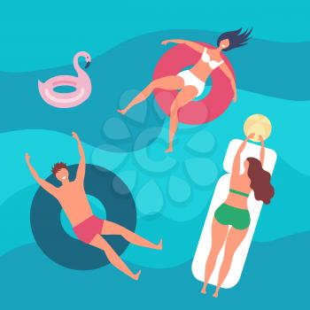 People swimming. Happy sea vacations, man woman in pool. Summertime, water games vector illustration. Summertime ocean, swimming in inflatable ring