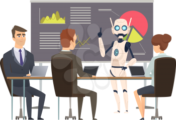 Robotization. Robot makes presentation at business training. Android coach and managers vector illustration. Robot doing presentation for business