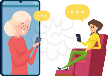 Video call to parents. Daughter and mother talking phone. Happy grandmother and granddaughter, elderly woman with smartphone vector illustration. Grandmother use smartphone, woman and granddaughter