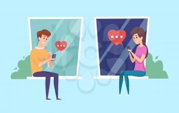 Young people communicate. Correspondence on phone, love messages. Relationships at distance, girl and guy write to each other vector illustration. Communication love chat online, network romantic