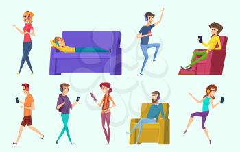 Relaxing characters. Peoples listening music in headphones laying male and female persons vector. Character music headphones, people listening and relax illustration