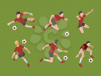 Soccer players. Sport characters football gamers in active poses goalkeeper vector isometric adults 3d people. Soccer characters with ball isometric, active different illustration