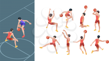 Basketball game. Sport players in active action poses isometric basketball gamers vector set. Basketball game, basket professional athlete illustration